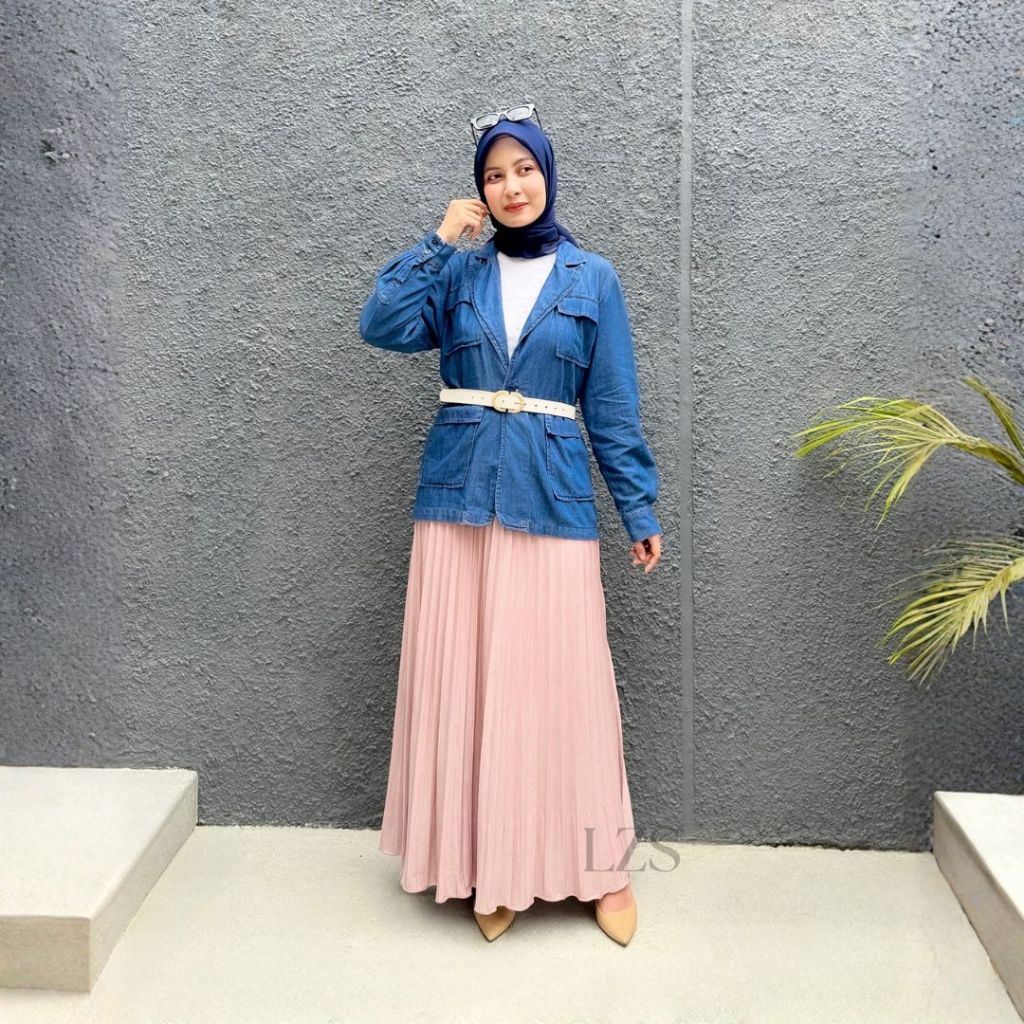 Blazer Denim Wanita Jas Soft Jeans LZS Rok Panjang Plisket Rempel Oneset Muslimah