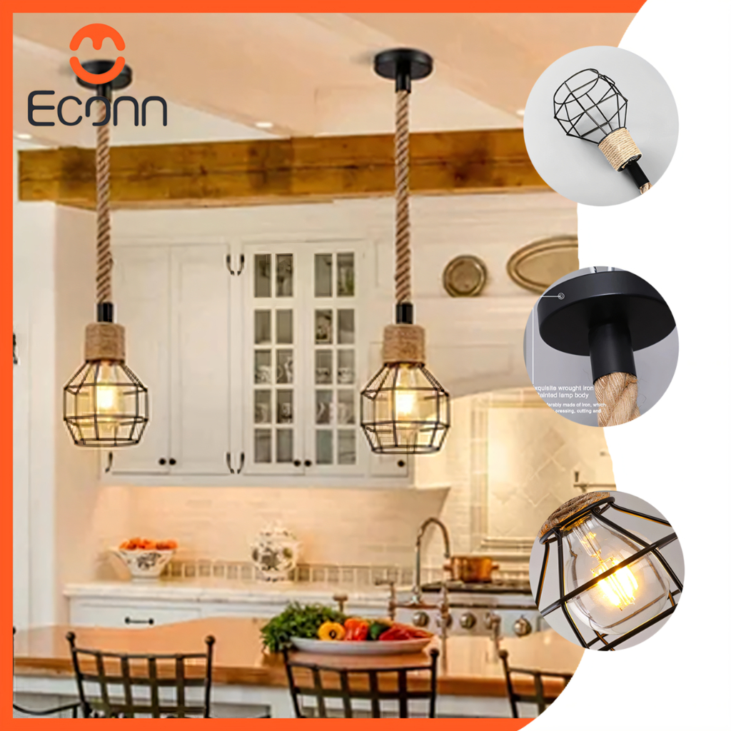 ampu Gantung Tali Rami Natural Rustic Dekorasi Interior Rumah Kafe Restoran Lampu Hias Plafon Esteti