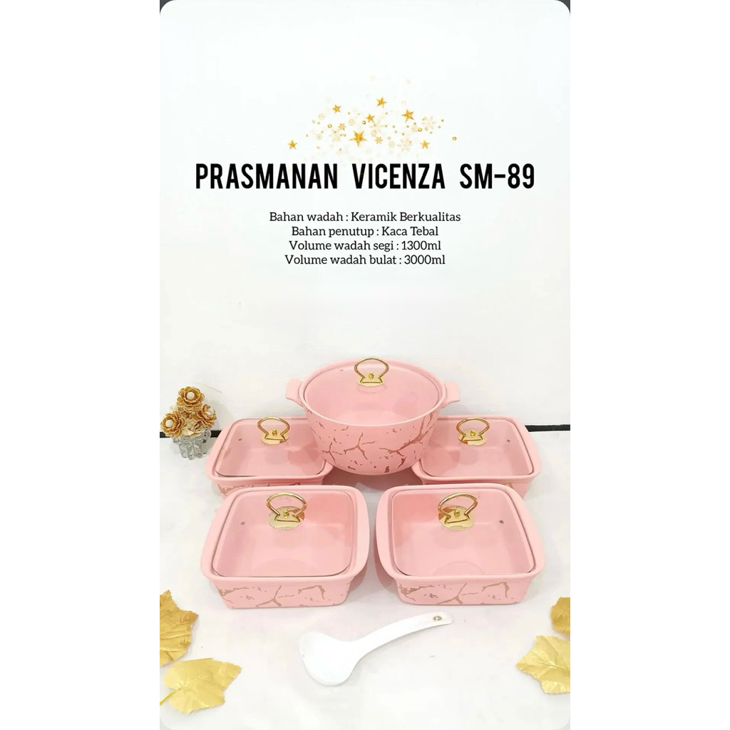 PRASMANAN KERAMIK VICENZA SM-89 MOTIF MARBLE SEGI & BULAT (1 SET ISI 5 PCS WADAH KERAMIK)
