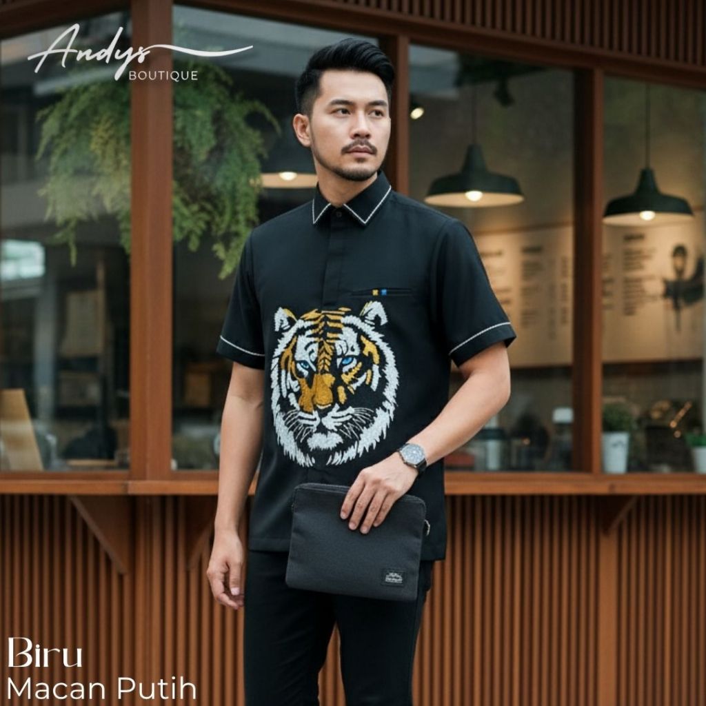 Kemeja pria premium, kemeja bordir, kemeja hitam bordir harimau
