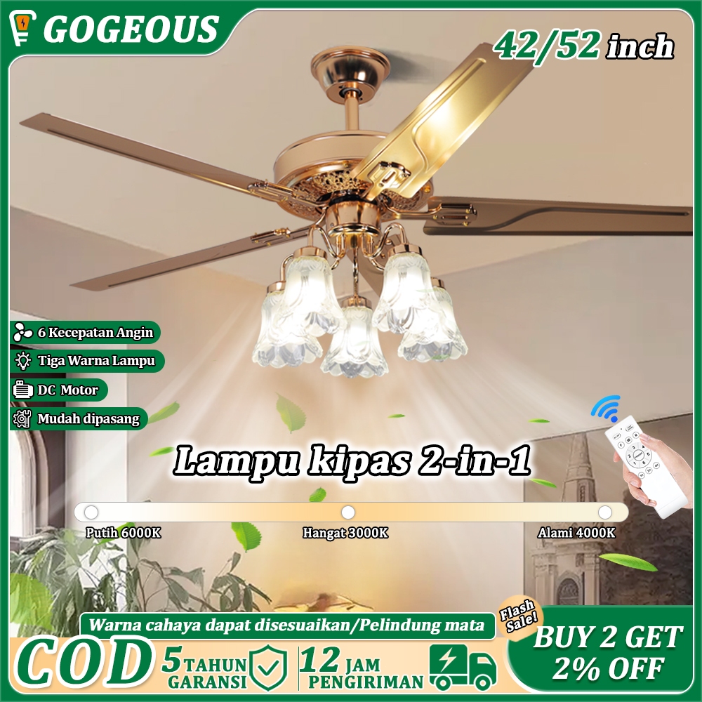 GOGEOUS Lampu Kipas Angin Plafon Kristal 2IN1 52Inci 3 Warna 6 Kecepatan Kipas Lampu Gantung Plafon 