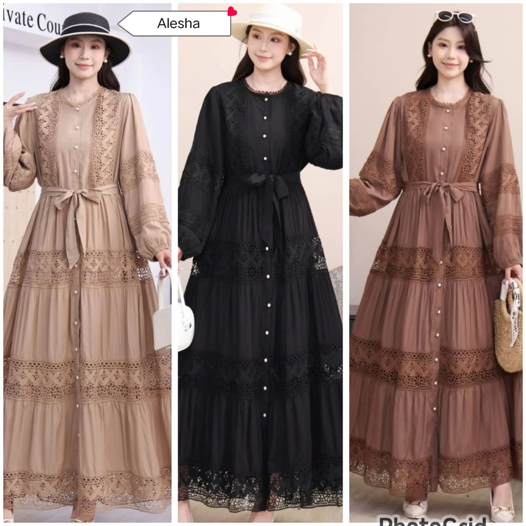 gamis alesha, dress kev, gamis bangkok, gamis putih, white maxi, dress katun bordir, gamis eyelet, g