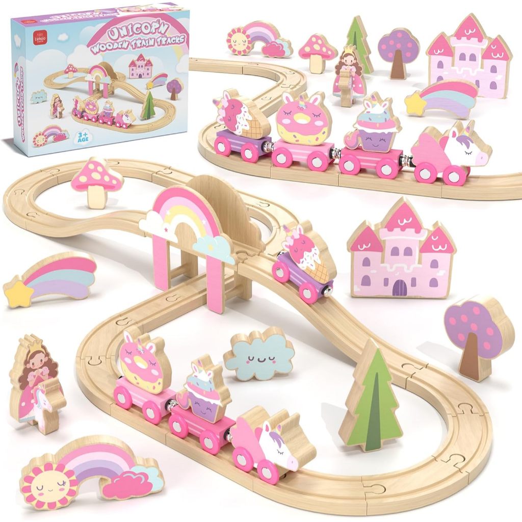 Lehoo Castle Wooden Train Set, Train Set for Toddlers 2-4, Wooden Train Track for Girls