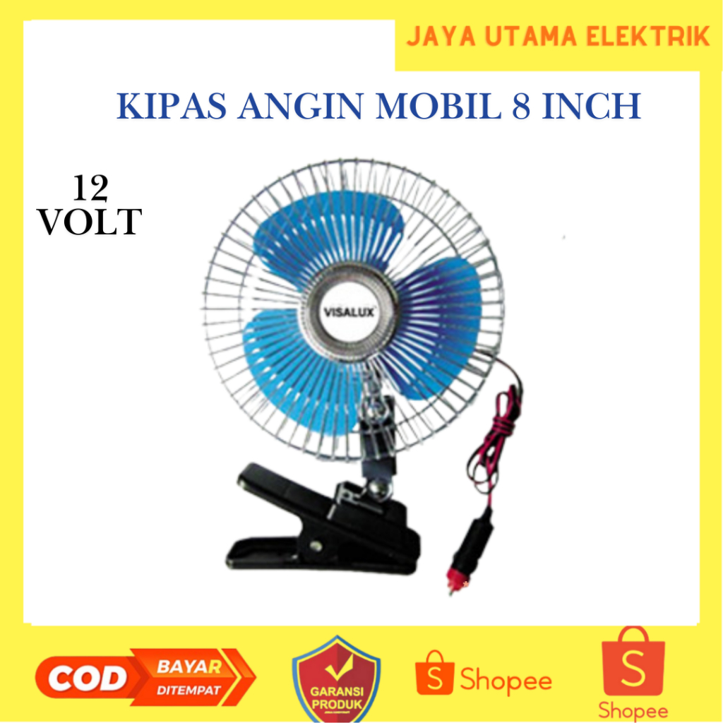 Visalux Kipas Angin Mobil 8 Inci DC 12 Volt Kipas Klip Aki Mobil 8 Inci Kipas DC Kipas Mobil Visalux
