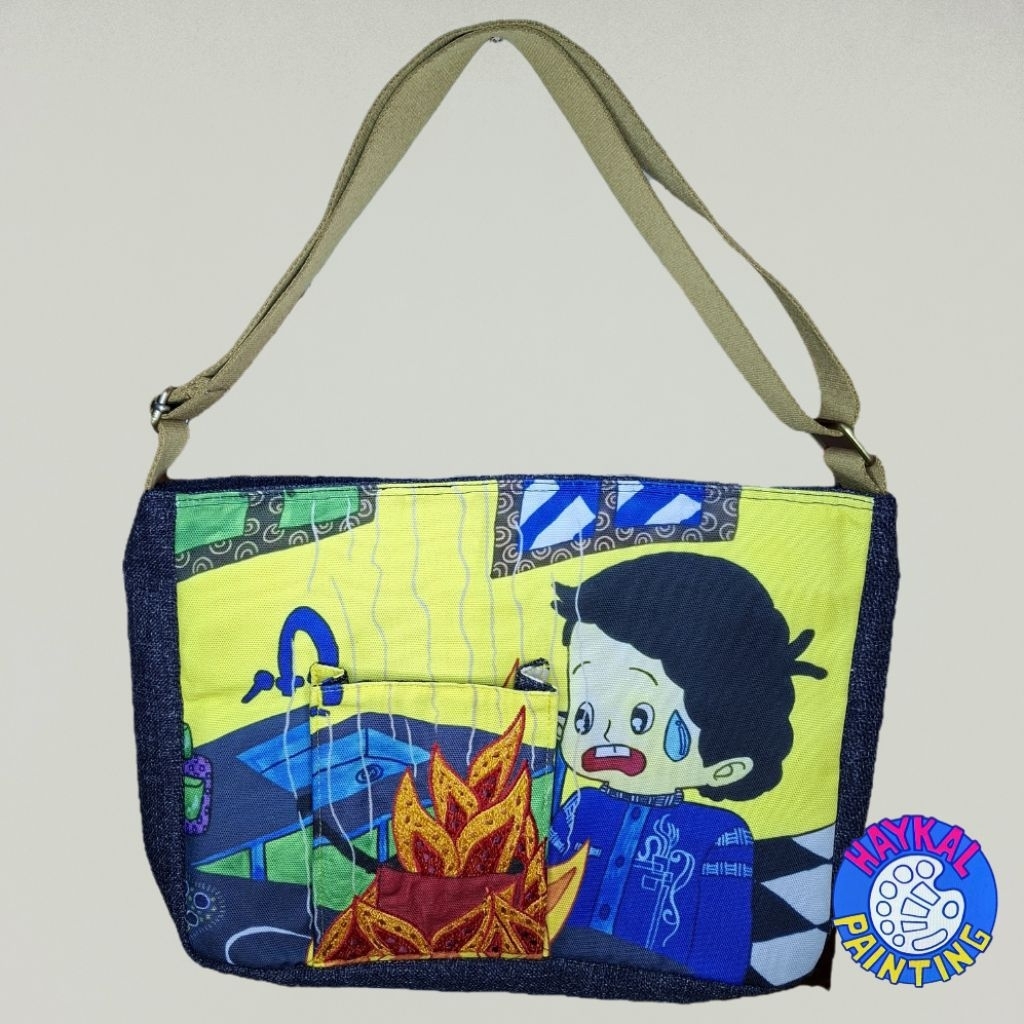 Tas Unisex Sling Bag Bordir Haykal Painting Unik Ringan Warna Biru Denim Tali Panjang Adjustable Uku