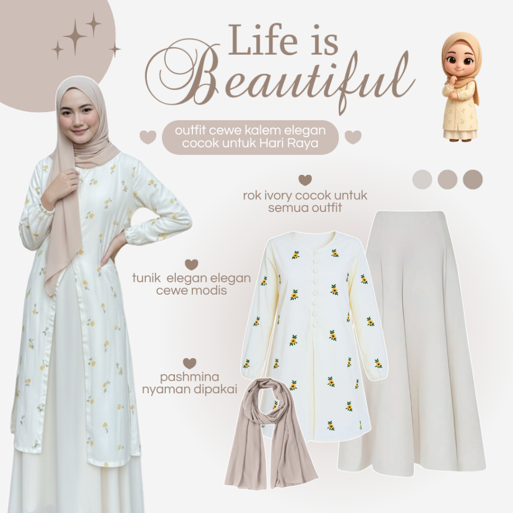 One Set Lebaran Kekinian | OOTD Raya Fashion | Outfit Setelan Remaja | Tunik + Rok + Hijab - BU177N