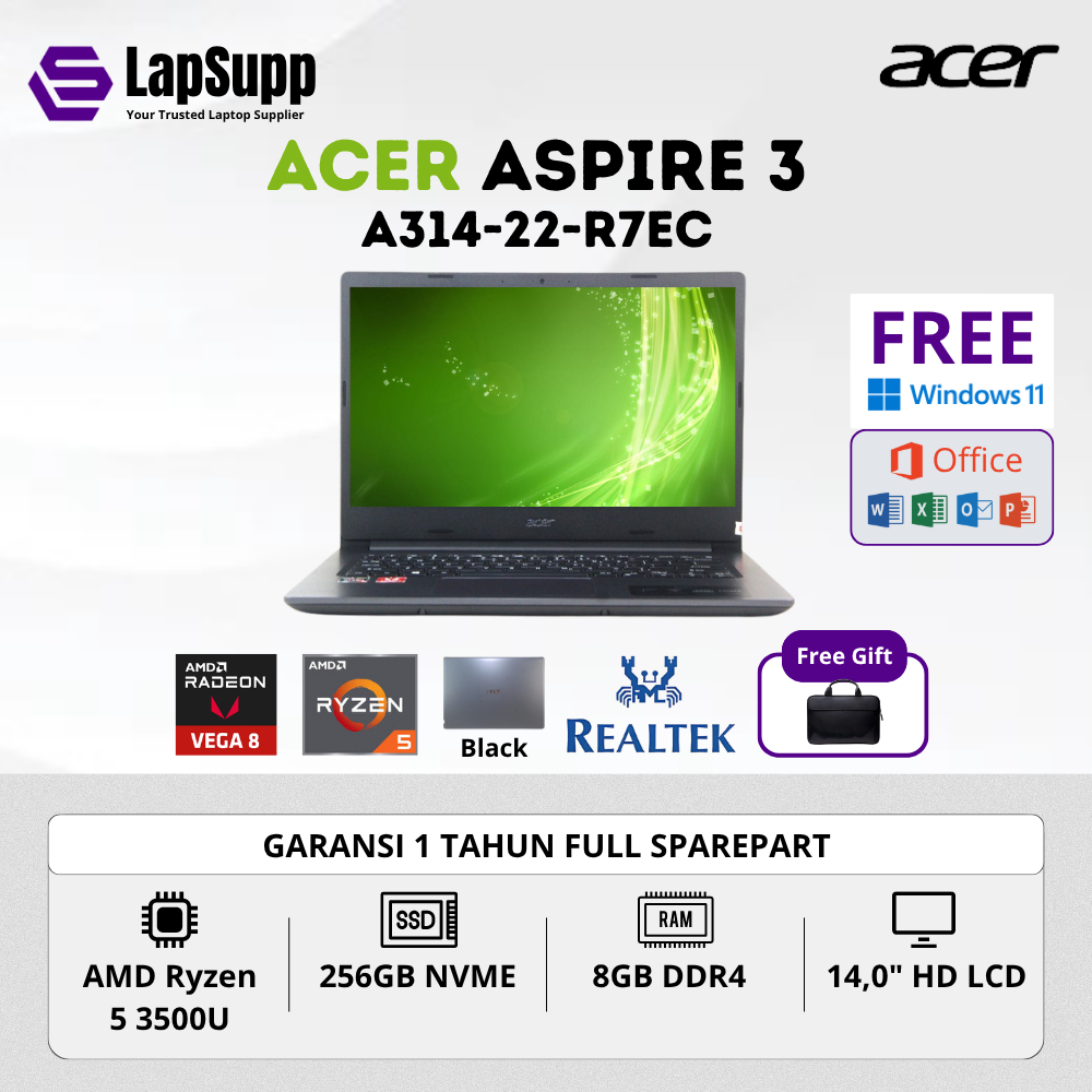 Laptop Gaming Acer Aspire 3 A314-22-R7EC Ryzen 5 | SSD 256GB | Ram 8GB | Radeon Vega 8 | Layar 14" |