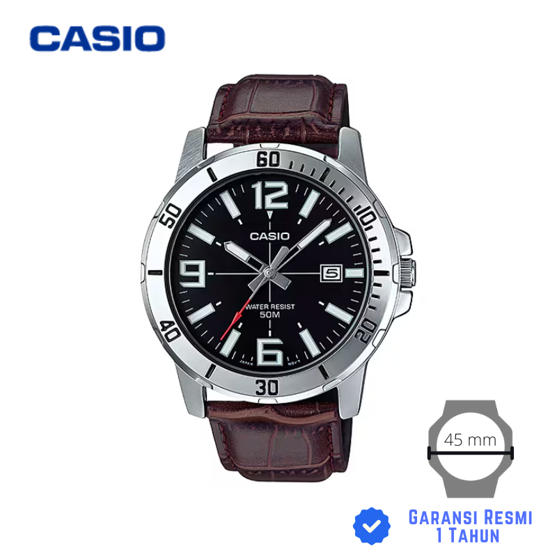 JAM TANGAN PRIA CASIO MTP-VD01L-1B COKELAT HITAM - MTP VD01L 1BVUDF Strap Kulit