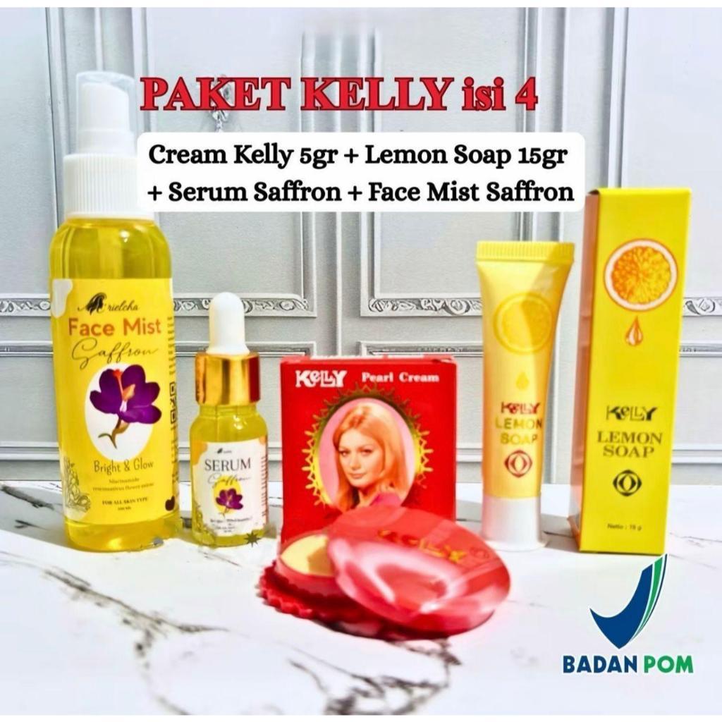 Paket Kelly 4 in 1 Kelly Pearl Cream 5gr + Kelly Lemon Soap 15 gr + Face Mist Saffron + Serum Glowin