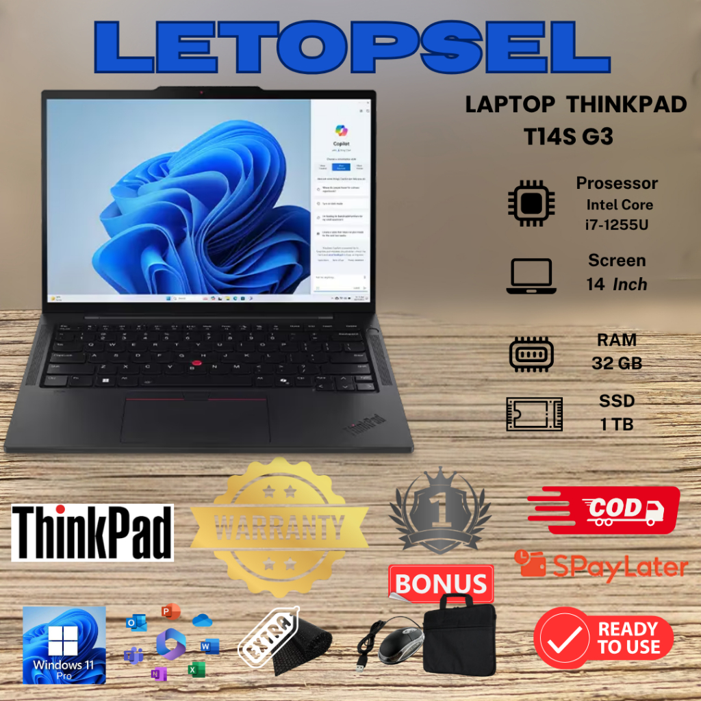 LAPTOP THINKPAD T14S G3 Core I7 GEN 12th TOUCHSCREEN RAM 32 SSD 1TB NVME / BONUS TAS LAPTOP & MOUSE