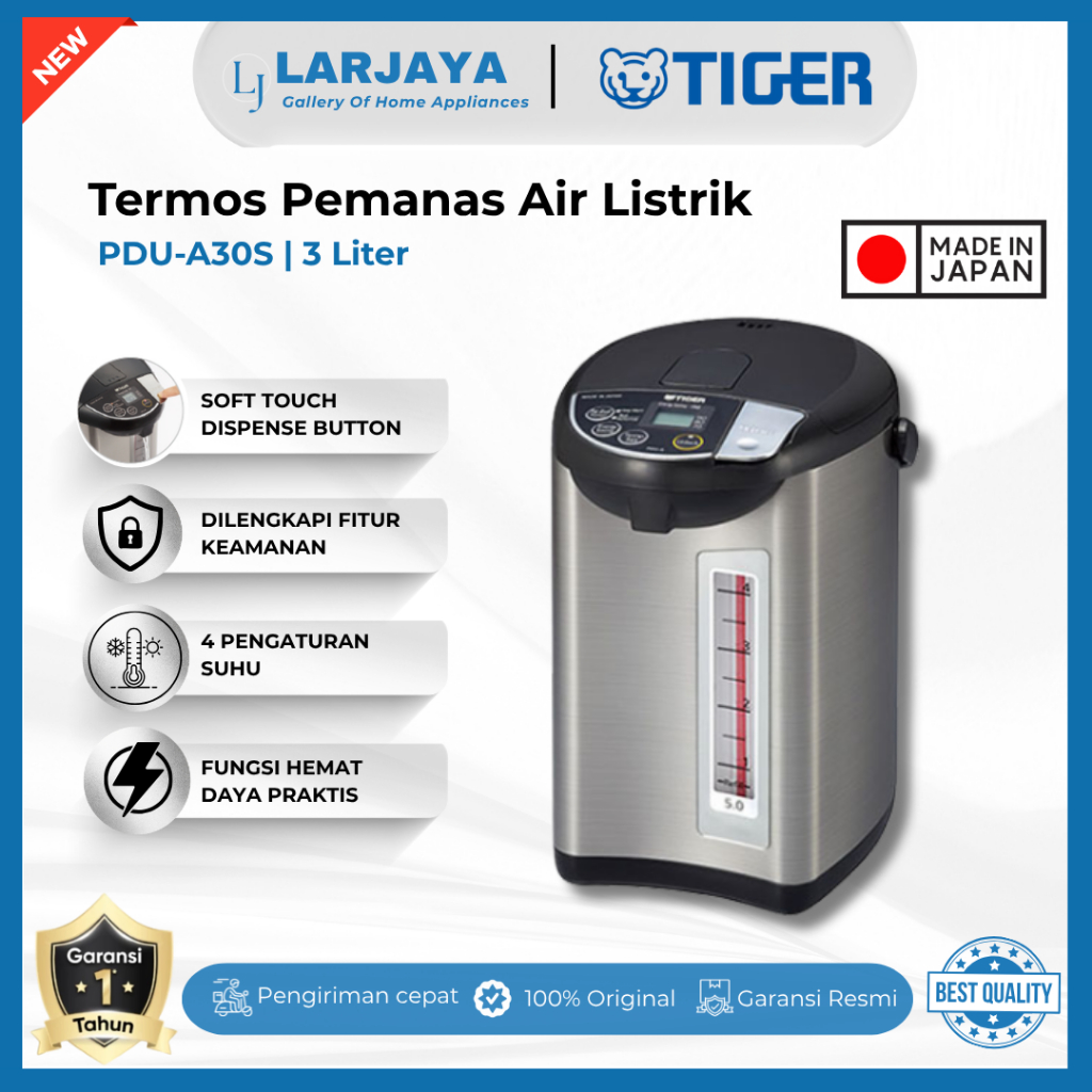 Tiger Water Boiler PDU-A30S 3L Made in Japan | Termos Listrik Digital  4 Suhu 98°C–70°C Hemat Energi