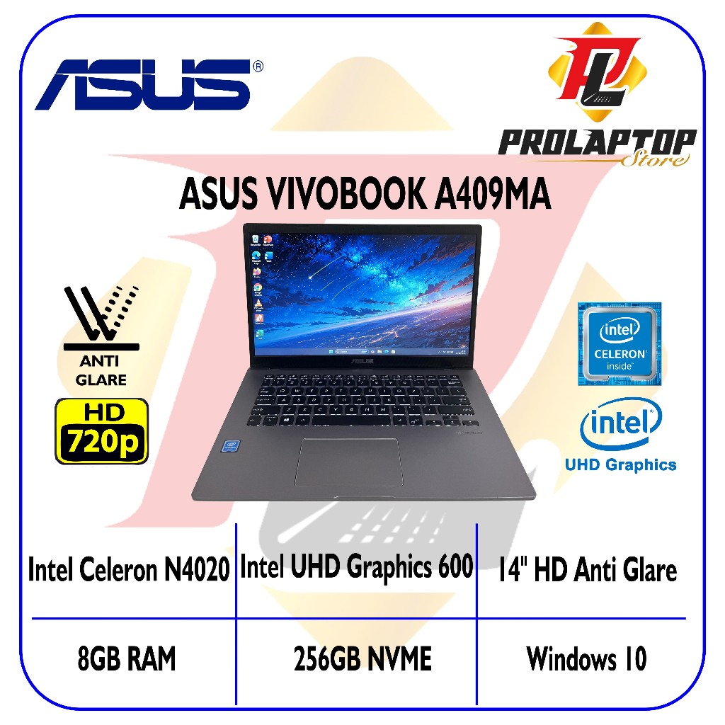 Asus VivoBook A409MA Intel Celeron N4020 RAM 8GB SSD NVME 256GB 14" HD Keyboard Nyala