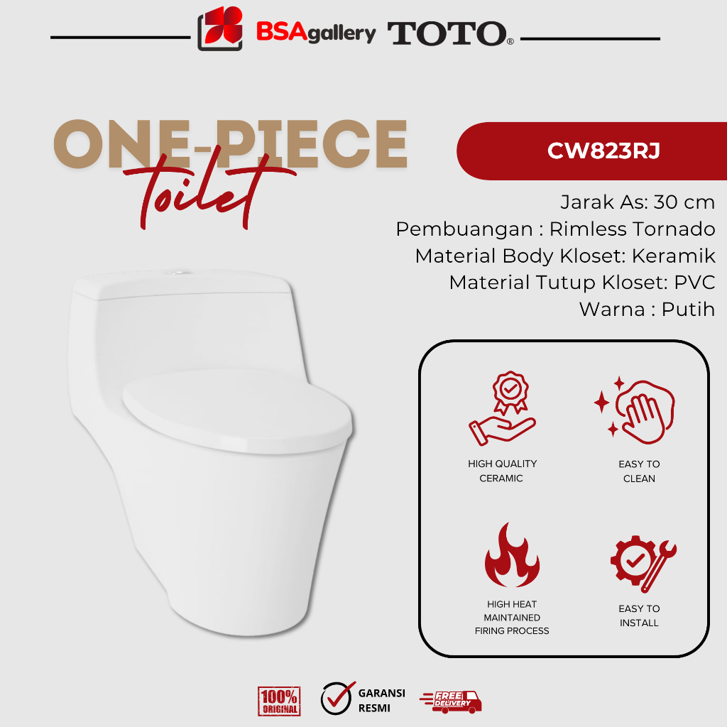 KLOSET DUDUK TOTO CW823 RJ ECOWASHER / CW 823RJ / KLOSET TOTO MONOBLOK TUTUP ECO