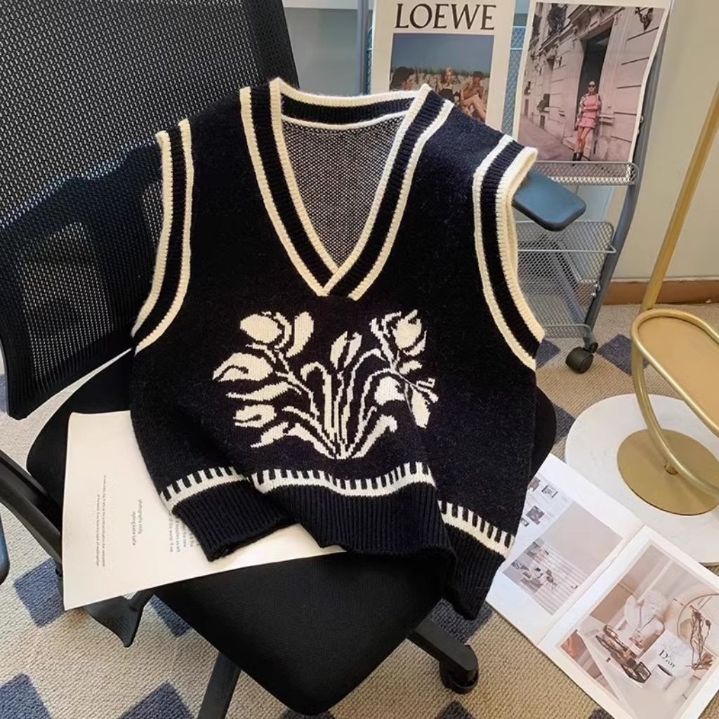 vest rajut knit wool motif bunga, rompi rajut