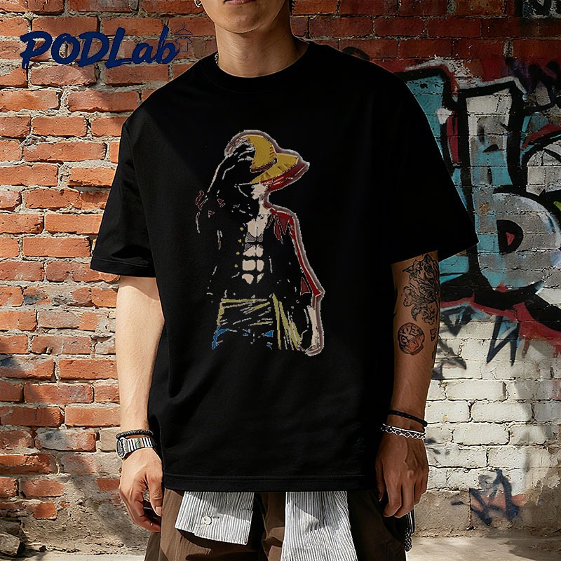 Kaos Motif Pirata Payung Jerami,Lengan Pendek Bertema Anime,Tee Tema Petualangan di Grand Line
