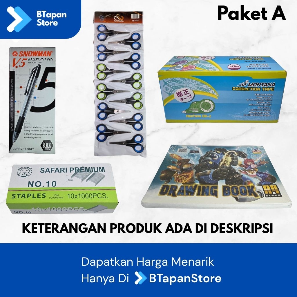 Paket Bundle Alat Tulis Kantor Murah Terjangkau Isi 5, Gunting Renteng, Tipex Roll, Isi Staples, Buk