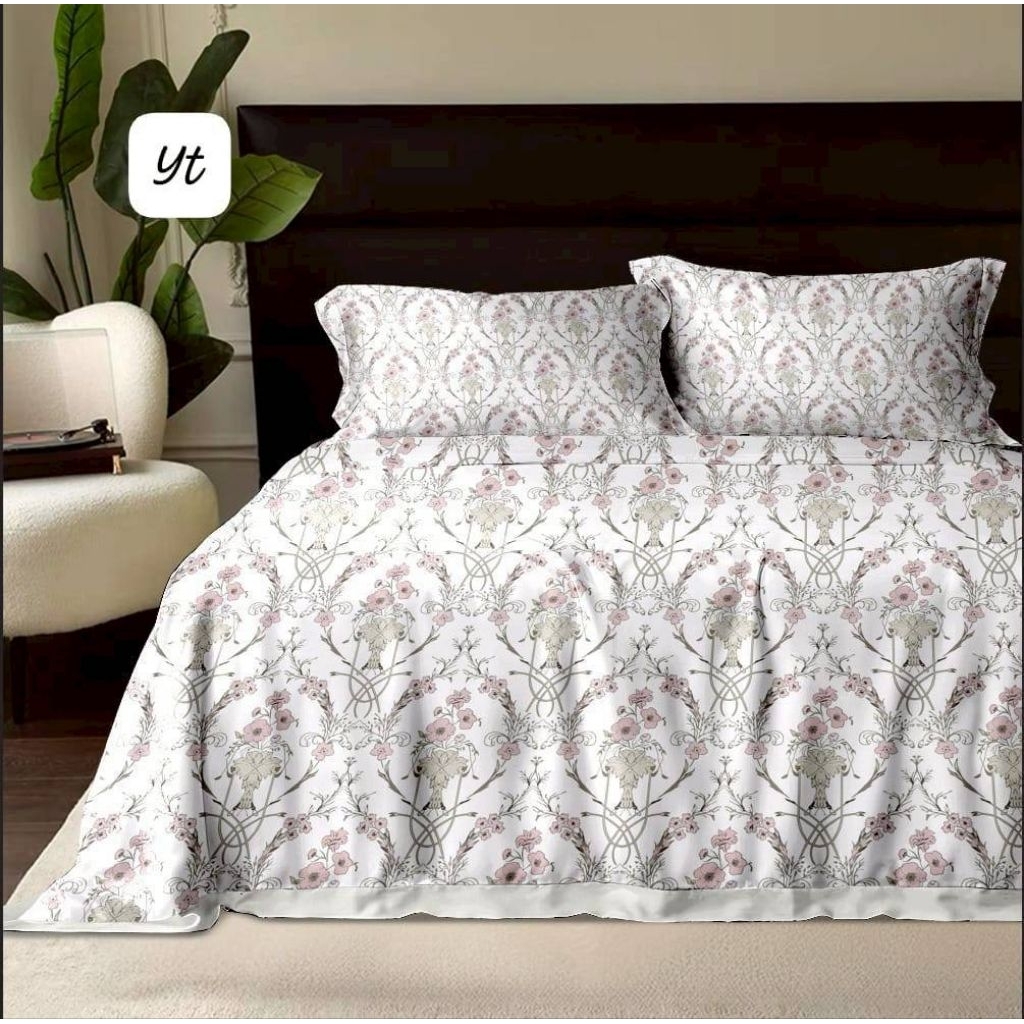 60as Sutra Organi, Set Sprei Anti Geser dan Bedcover dengan motif bunga vintage