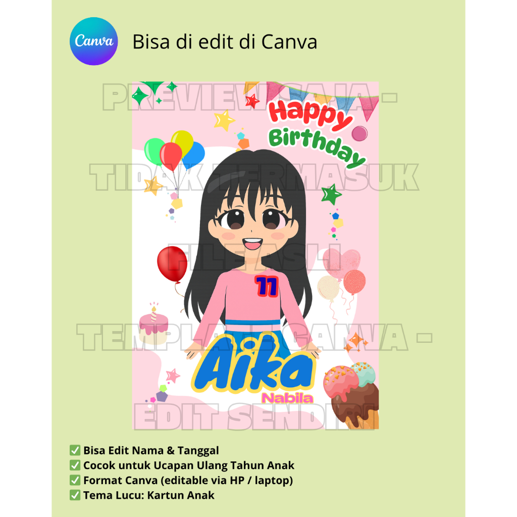 Template Canva Ucapan Ulang Tahun Anak – Tema Anak Kartun | Bisa Edit Nama | Produk Digital