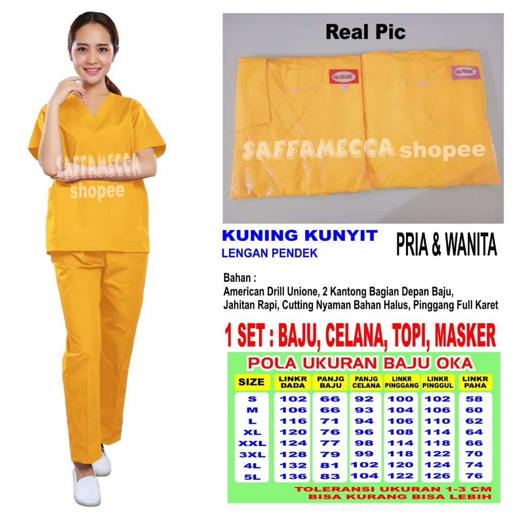 Baju Ok  Baju Oka  Pendek Kuning Kunyit Perawat Dokter Medis Bidan Stenan Nakes Jaga Lengan Pendek