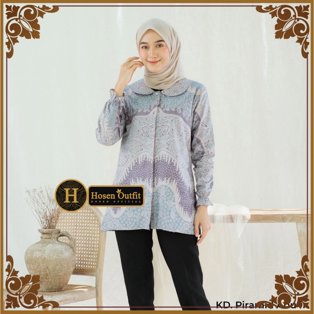 Baju Batik Wanita Modern Atasan Batik Kerja Kantor Kerah Katun Adem Motif Piramid