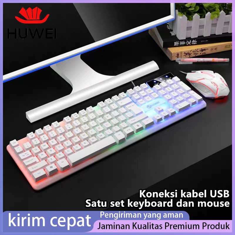 HUWEI keyboard komputer Kombo Keyboard dan Mouse Gaming Keyboard dan Mouse Nirkabel dengan Lampu RGB