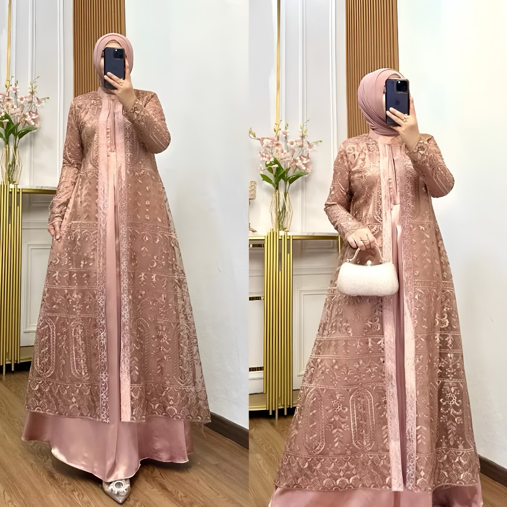 Maxi Dress Velvet Outer Brokat Gamis Pesta Elegan Burgandi Baju Lebaran Modern Gaun Muslimah Syari