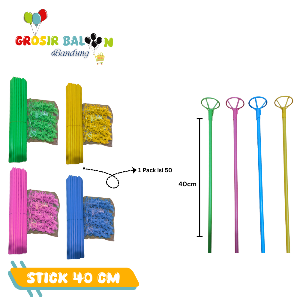 Stik Balon PVC Stick Tongkat Balloon Besar Ukuran 40cm isi 50 PCS