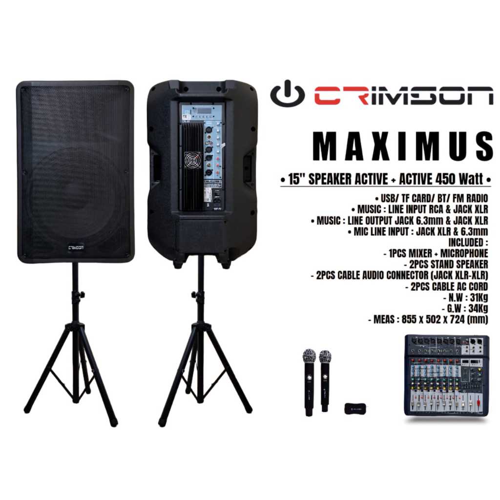 PAKET KOMPLIT SPEAKER AKTIF + AKTIF CRIMSON CR 15 MAXIMUS BLUETOOTH