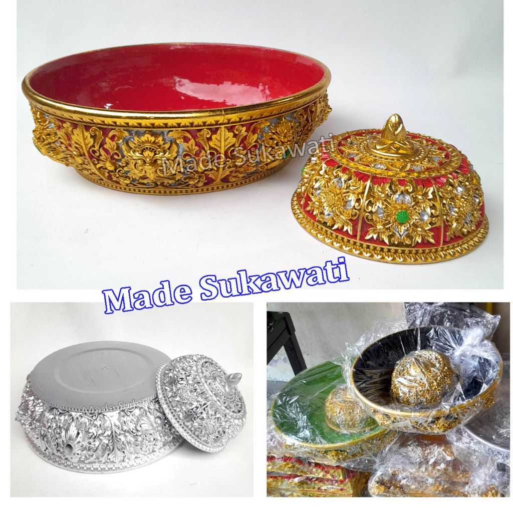 Wadah bokor ukir fiber bali diameter 30cm 1 set tatakan tutup