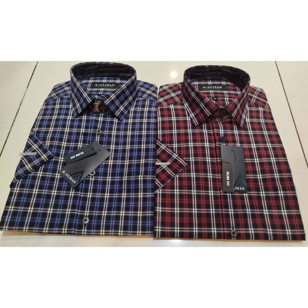 Kemeja Alisan Motif Kotak-Kotak Lengan Pendek Slimfit