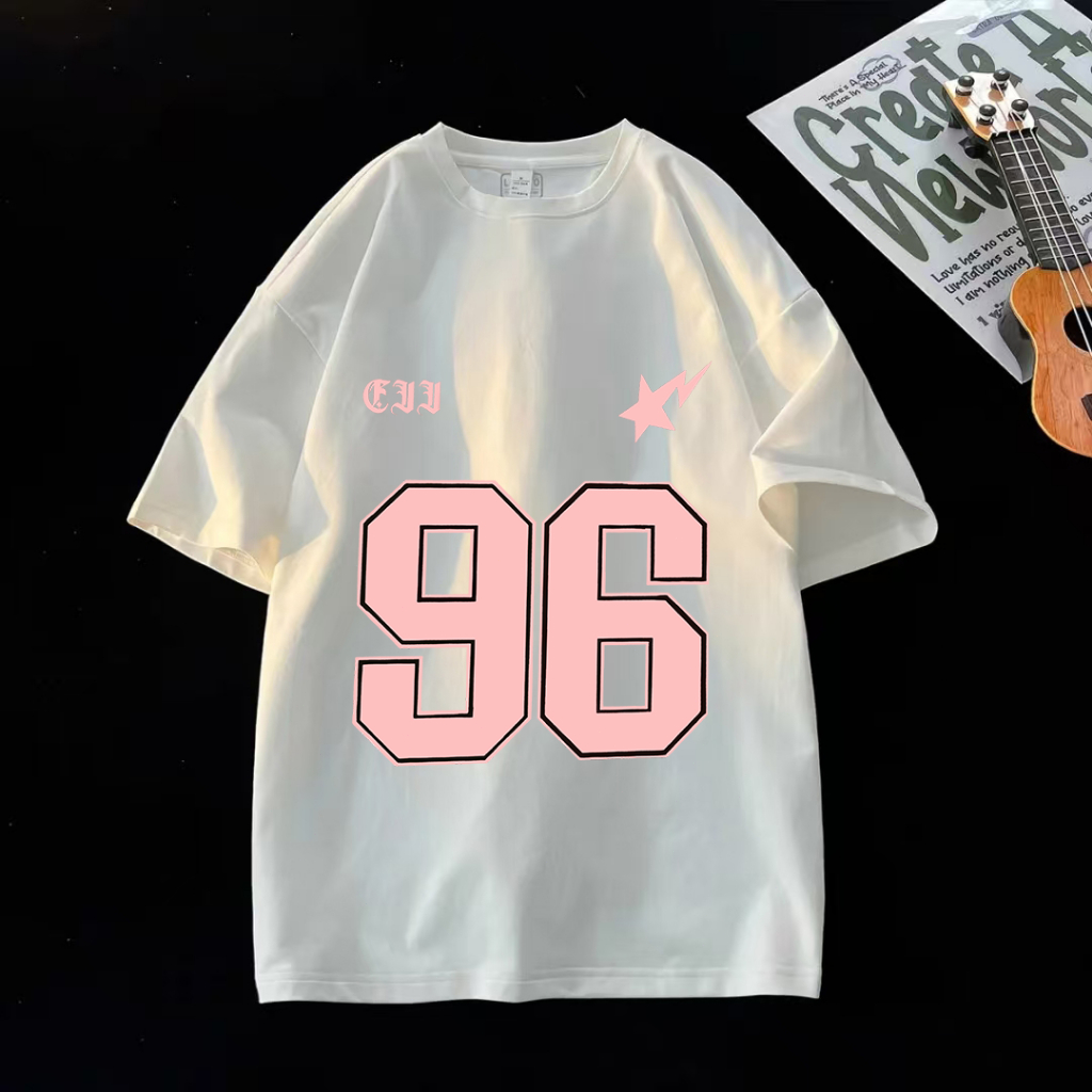 Kaos Merah Muda Dengan Cetakan Angka 96 Baju Kaos Oversize Korean Pria 100%Cotton | Atasan Wanita Ko