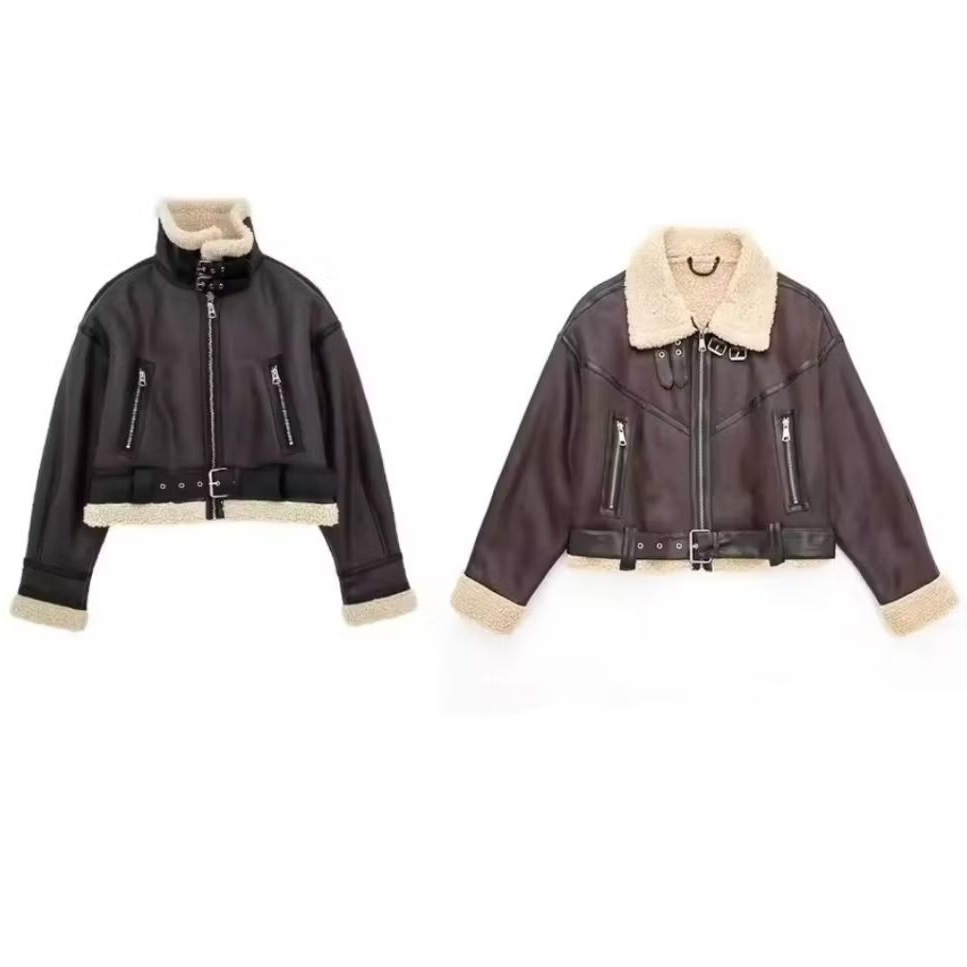 jaket kulit wanita bulu Curved,jaket wanita crop kulit sintetis kerah bulu