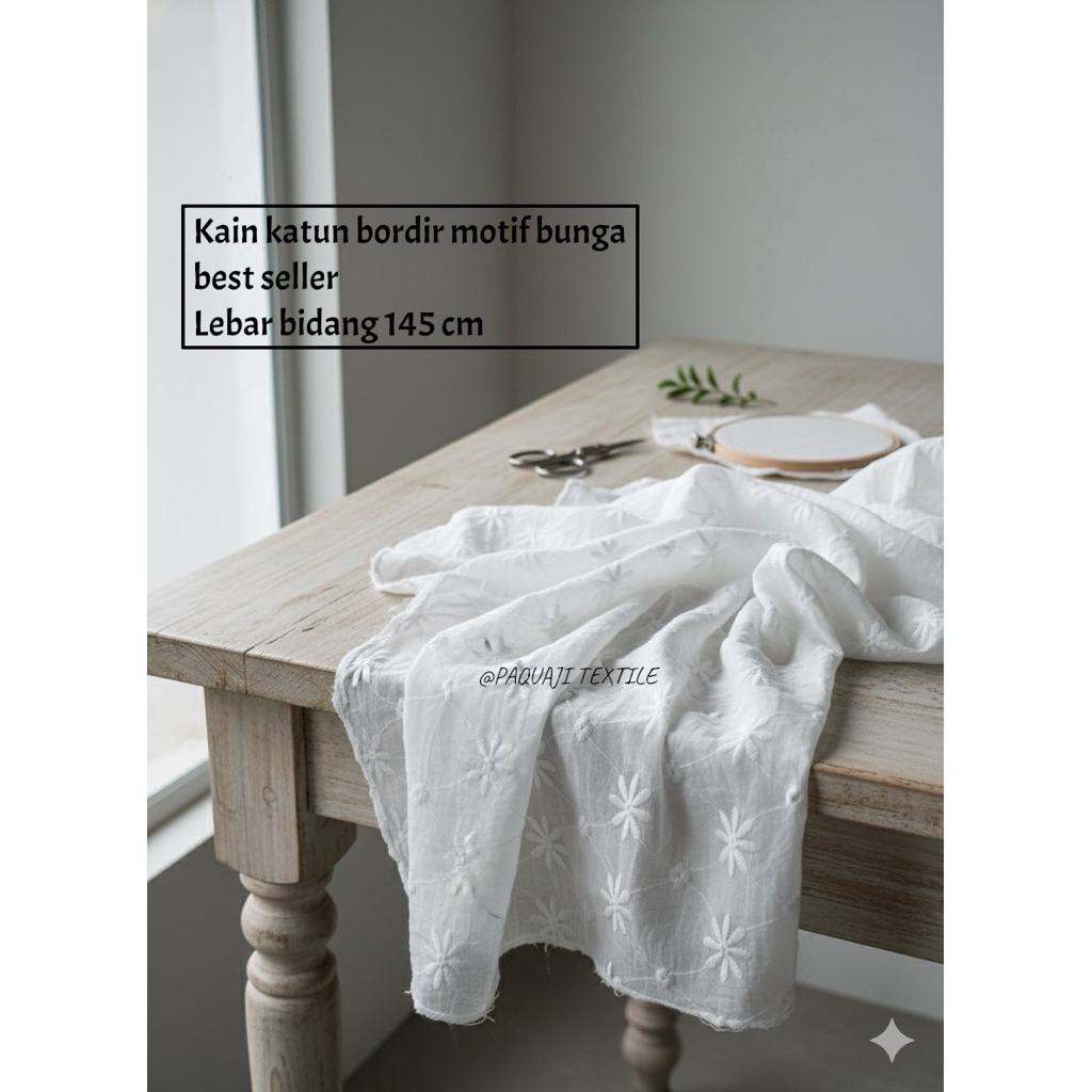 bahan kain katun bordir motif bunga best seller/katun bordir warna putih/katun bordir meteran(harga 