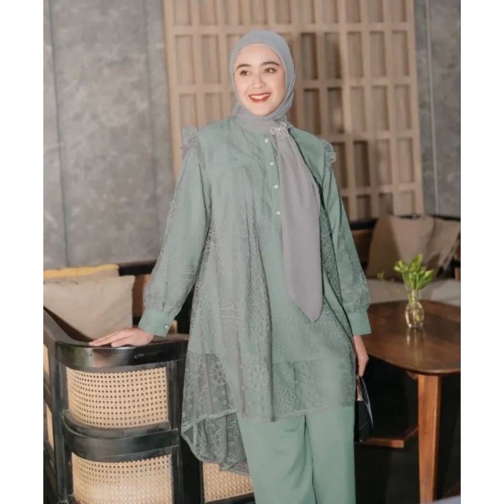 New One Set Tunik Naeva Baju Setelan Wanita Atasan Tunik Brokat Celana Kulot Polos Kekinian
