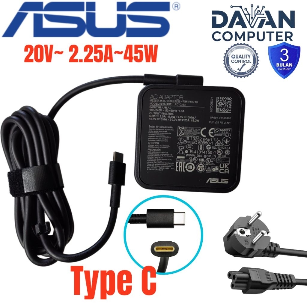 Adaptor Charger Laptop Asus Chromebook Plus CX34 flip||C523N||CX1400FKA||C523N|| 20V 2.25A Type C