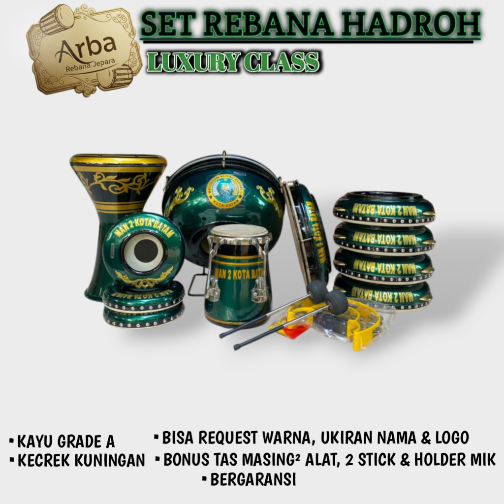 Rebana hadroh Jepara asli 1 set lengkap / Rebana hadroh ukir custom logo nama majlis / Hadroh Rebana