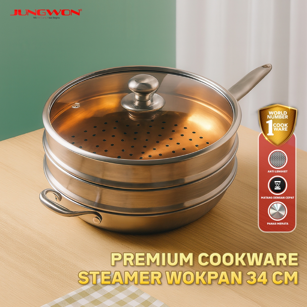 Jungwon Wajan Panci Kukus 34 cm Stainless Steel SUS 316 Steamer Wokpan Double Tray C&E J1020