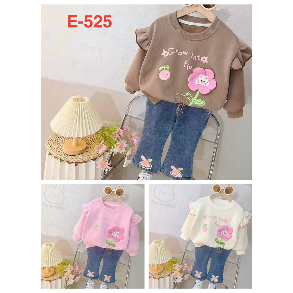 Setelan Sweater Anak Perempuan Import Usia 1-4 Tahun Baju Lengan Panjang Celana Jeans Motif Bunga