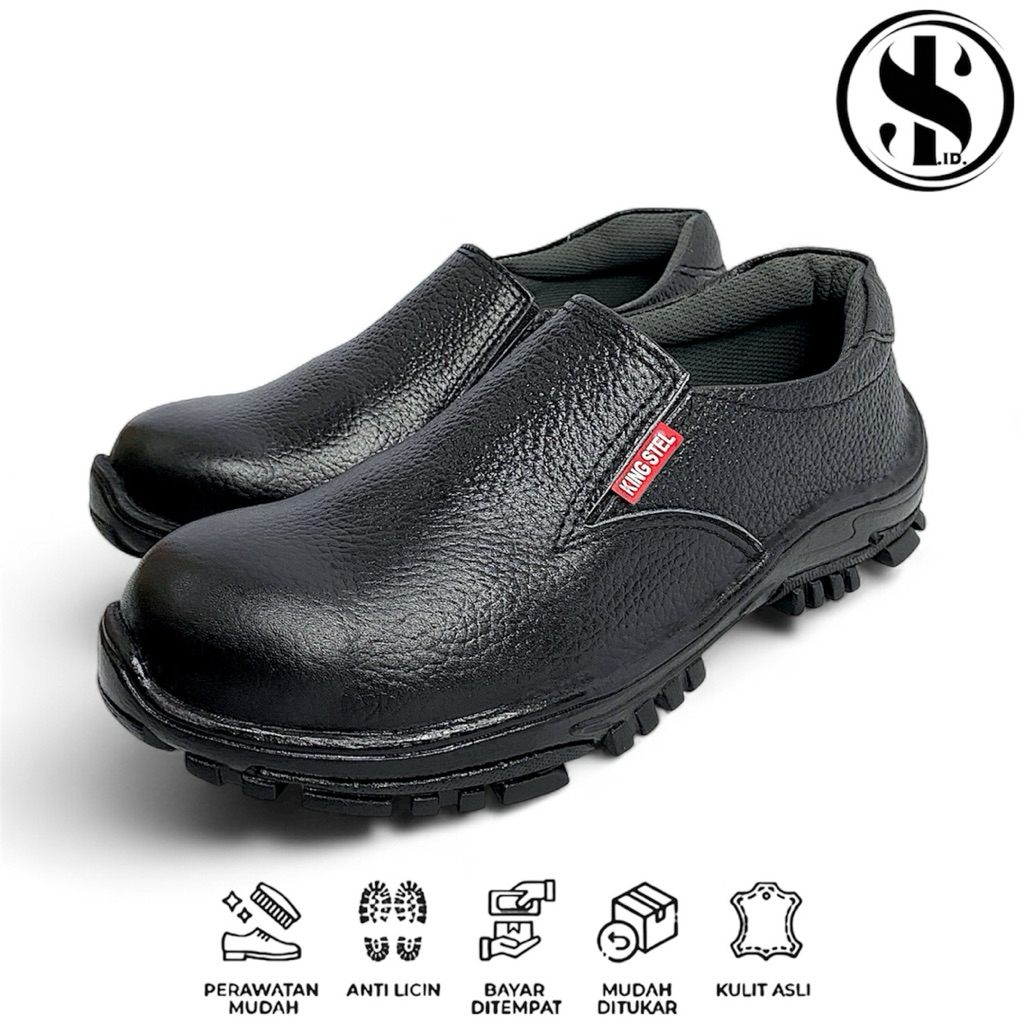 Sepatu Boot Safety Slip On Selop King Steel 100% Kulit Asli Sepatu Pria Safety Ujung Besi Sol Dijahi