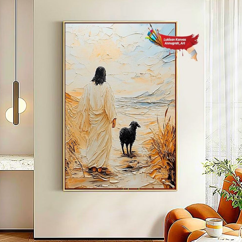Lukisan Dinding Tuhan Yesus Gembala Domba Hitam - Tekstur Timbul Realif 3D