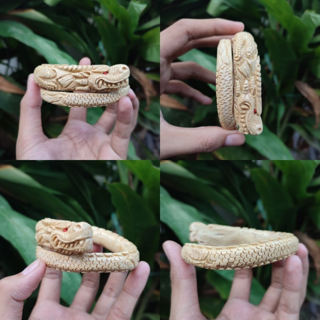 Gelang Akar Bahar Putih Ukir Naga Full Sisik Asli Berkualitas / Akar Bahar Asli