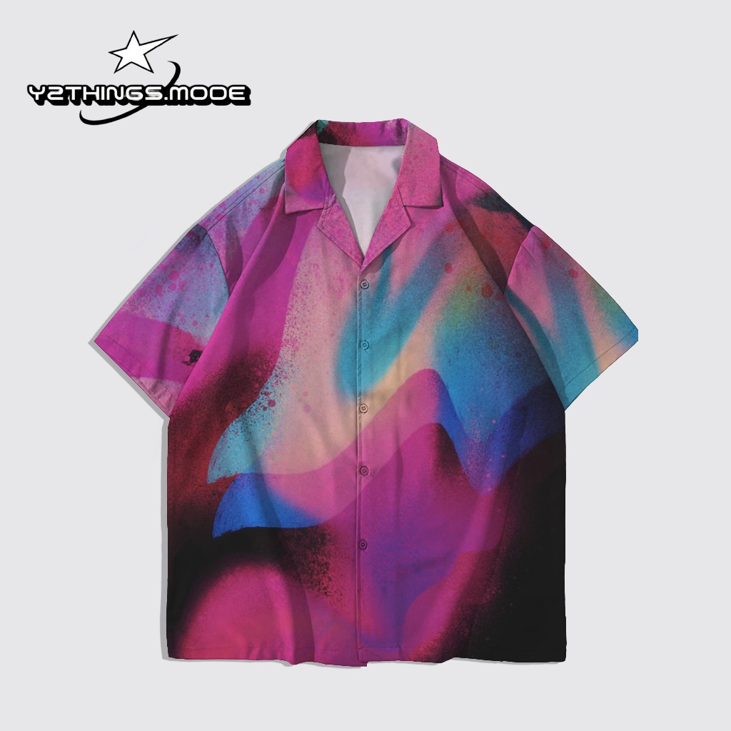 Y2THINGS Kemeja Lengan Pendek Motif Abstrak Graffiti Pink Ungu – Shirt Aesthetic Psychedelic Kekinia