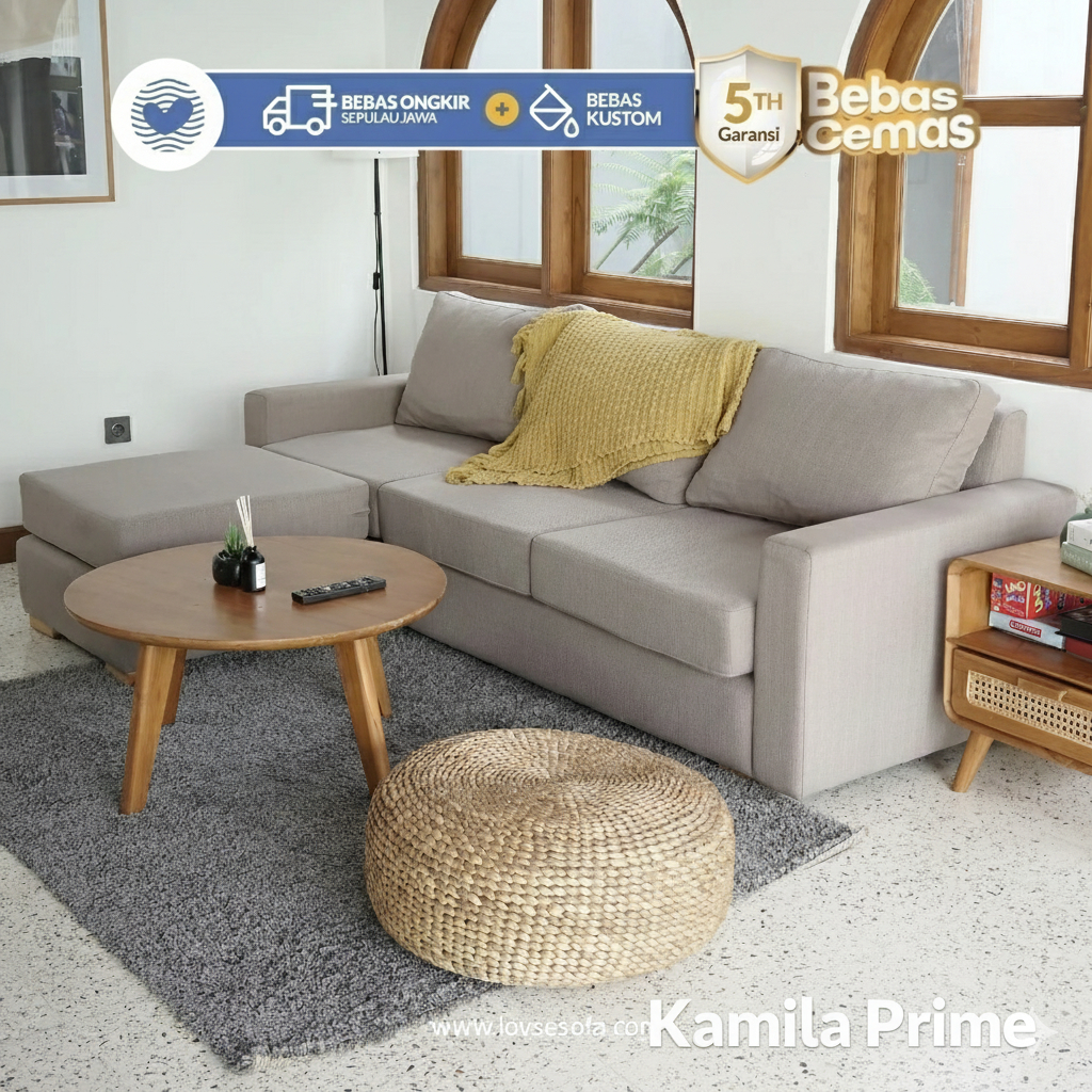 Lovise Sofa Sudut Kamila Prime - Skandinavian Dudukan 3 Seat + Puff Busa Empuk & Kaki Jati Solid