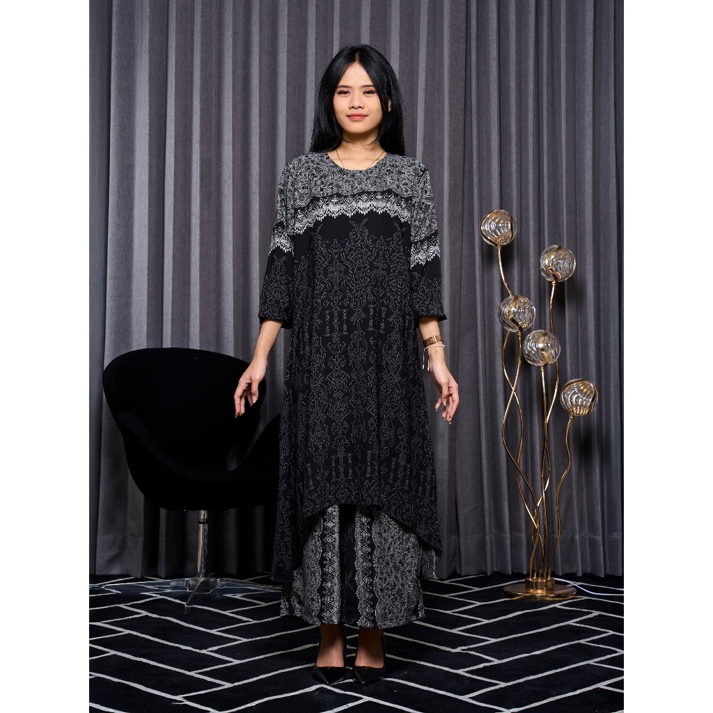 BEAMISH Gamis One Set Wanita Elegan Motif - Black Motif Batik Bunga - AG 3250214