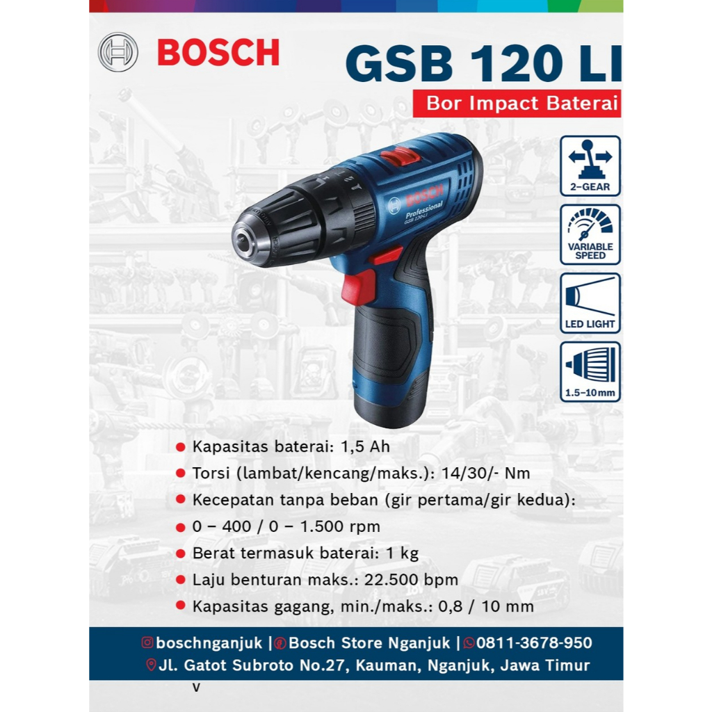 BOSCH GSB 120-LI Professional – Bor Baterai Impact Drill 12V Original Bosch