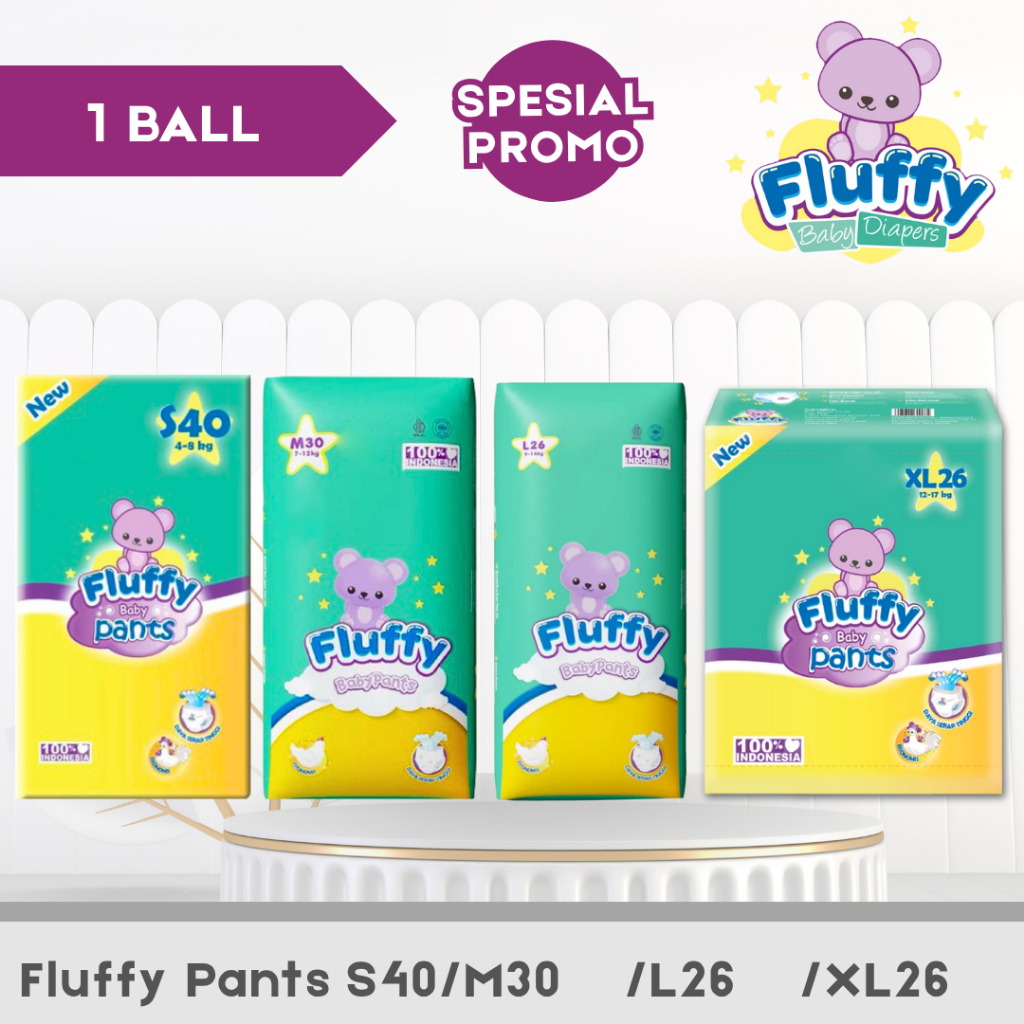 Fluffy Diapers PAKET 1 BALL  Popok Bayi Tipe Celana Size S40/M30/L26/XL26