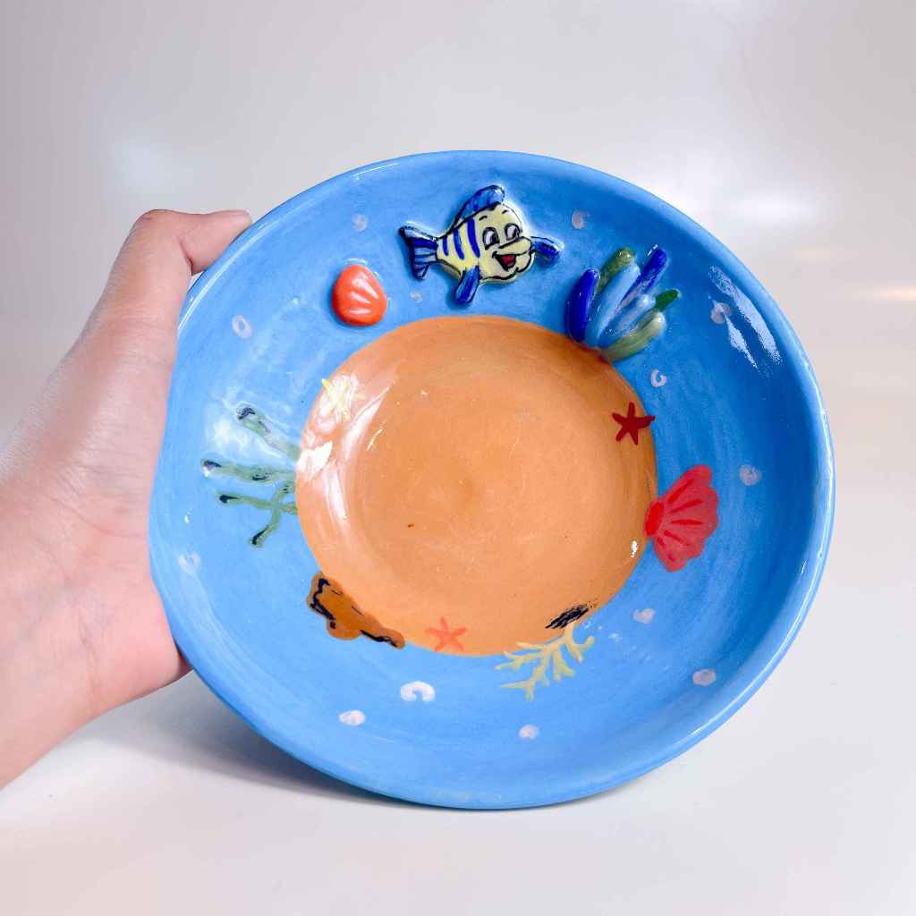 Piring Keramik Handmade | Piring Fish Flounder  Ariel Disney |  Plate Handmade Karakter Kartun