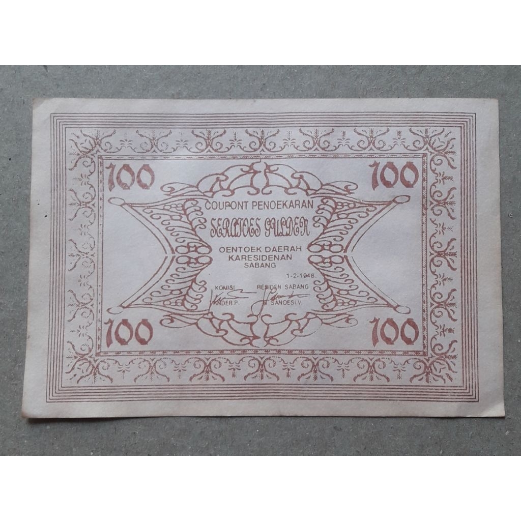 uangkuno 100 gulden karesidenan sabang tahun 1948