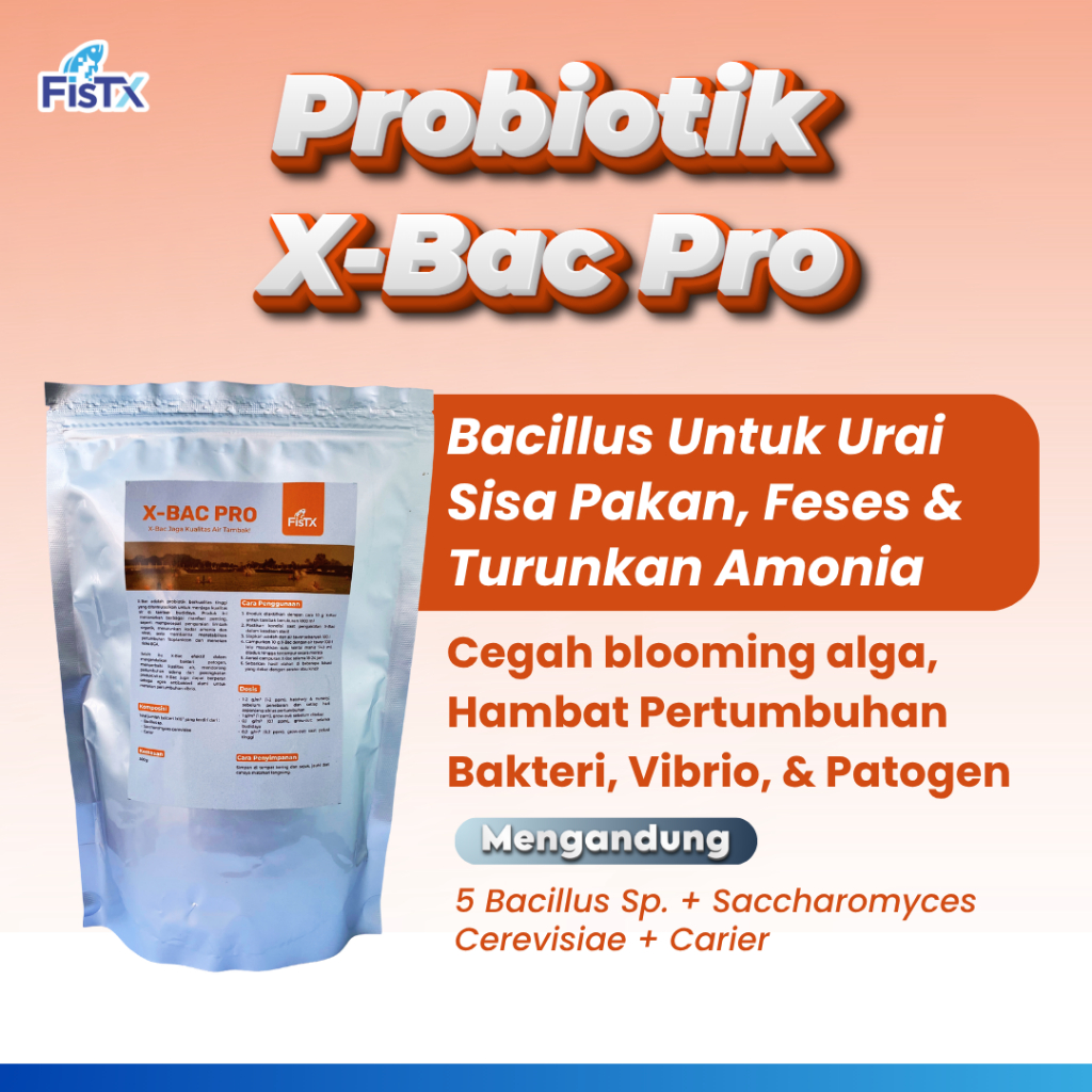 X-BAC PRO 500 gr - Probiotik 5 Strain Bacillus Udang - Urai Sisa Pakan, Feses, & Turunkan Amonia Air