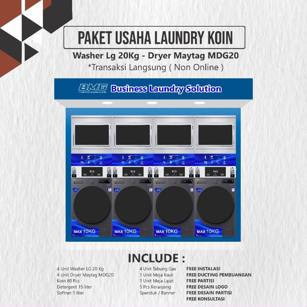 Paket Usaha Laundry Koin 4 Stack / Pasang. Washer LG 20Kg dan Dryer Maytag MDG20